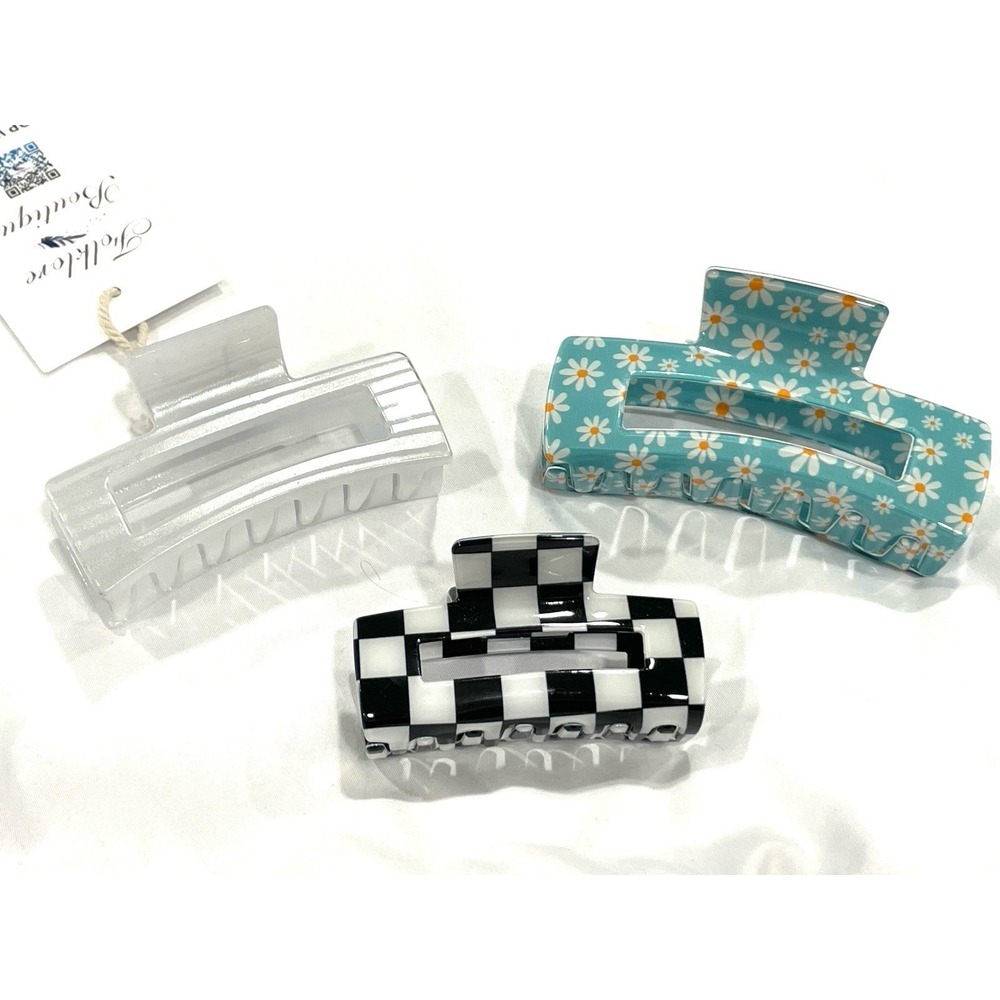 3-Piece Retro Hair Claw Clip Set Daisy Floral, Checkered & Pearl White Clips Y2K